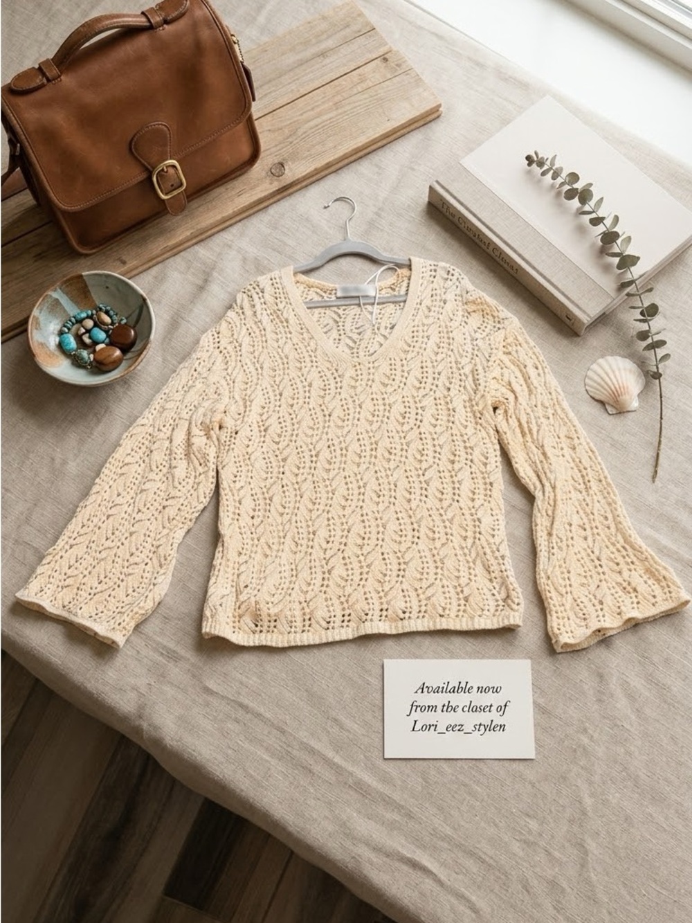 Zara Cream Openwork V-Neck Bell Sleeve Sweater